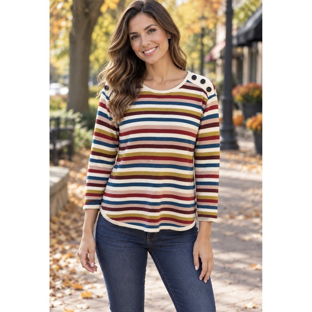 St. John's Bay Women's Striped Knit Sweater M Crew Neck Button Shoulder